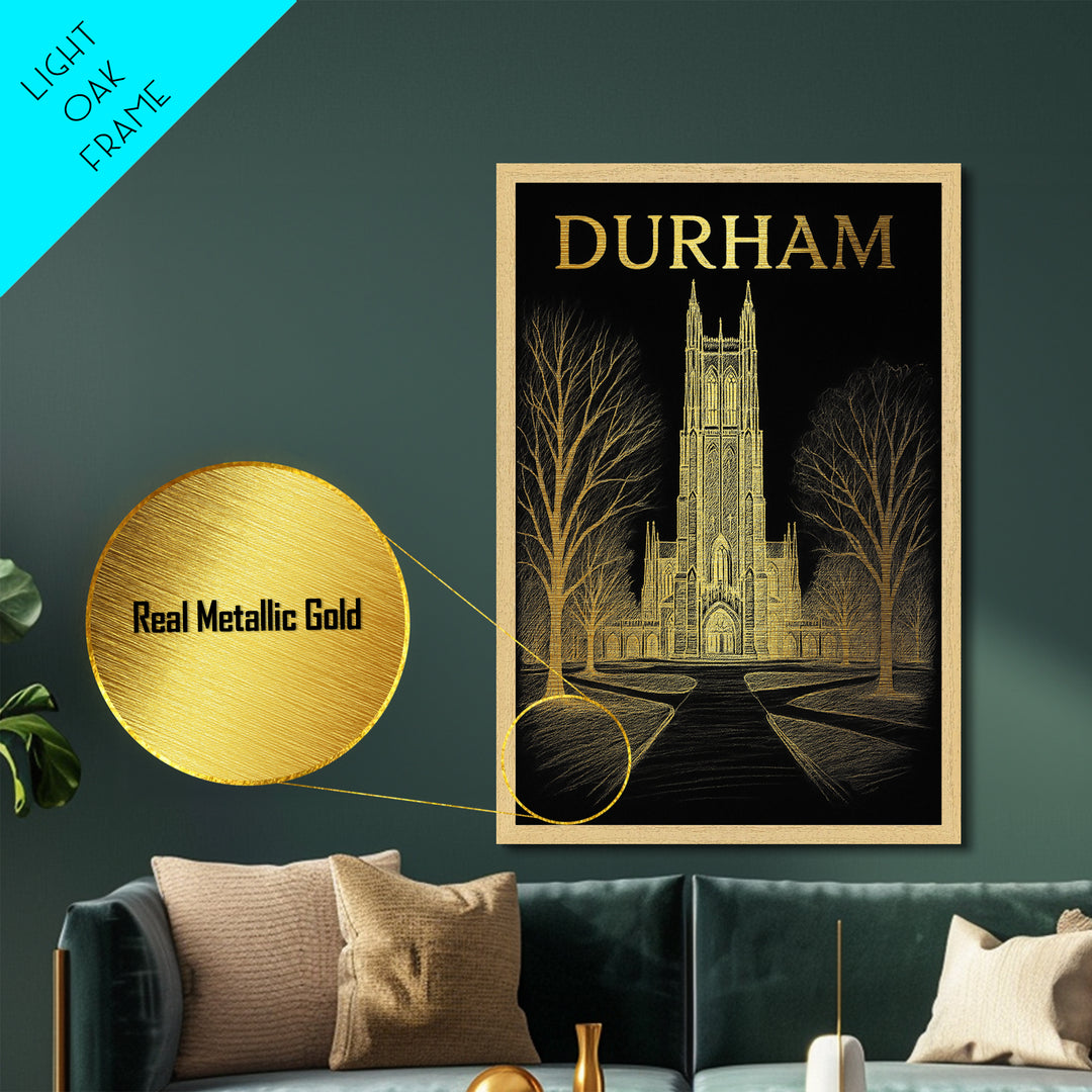 Durham North Carolina travel, Metallic Gold Print, College Dorm Décor, Metal Art, Wood Framed Art, Graduation Travel Gift, Traveler Gift