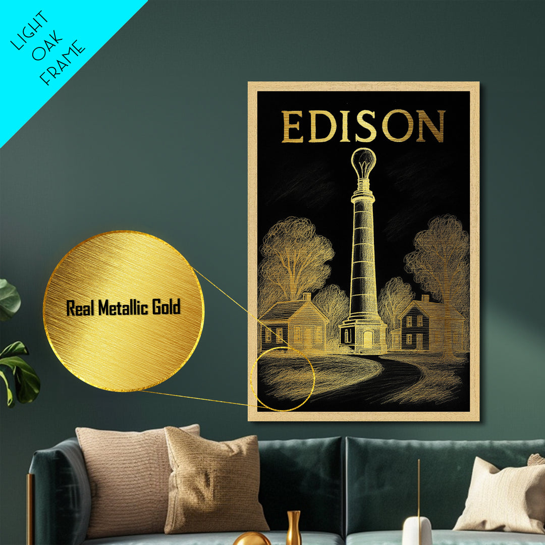 Edison New Jersey travel, Metallic Gold Print, Closing Gift, Metal Art, Wood Framed Art, Anniversary Travel Gift, Retirement Travel Gift