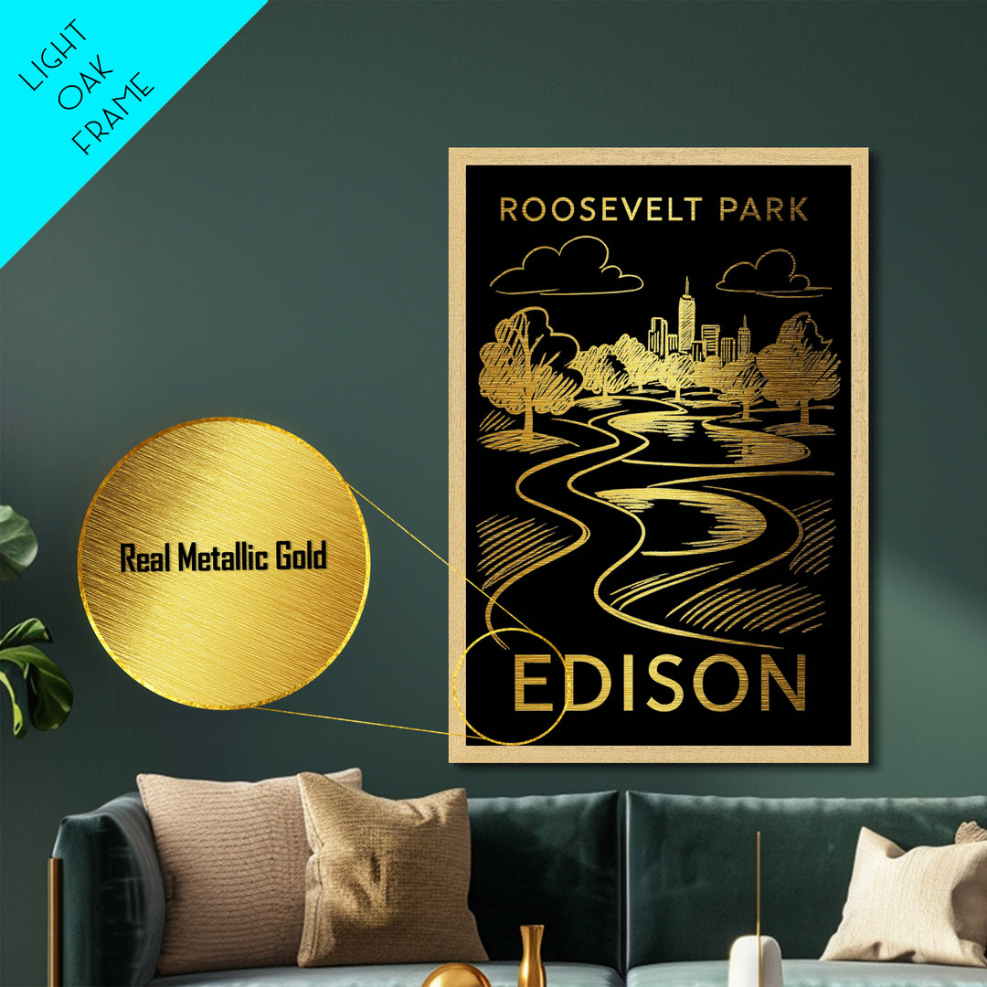 Edison New Jersey art, Metallic Gold Art, Office Decor, Metal Art, Wood Framed Art, Graduation Travel Gift, Destination Gift