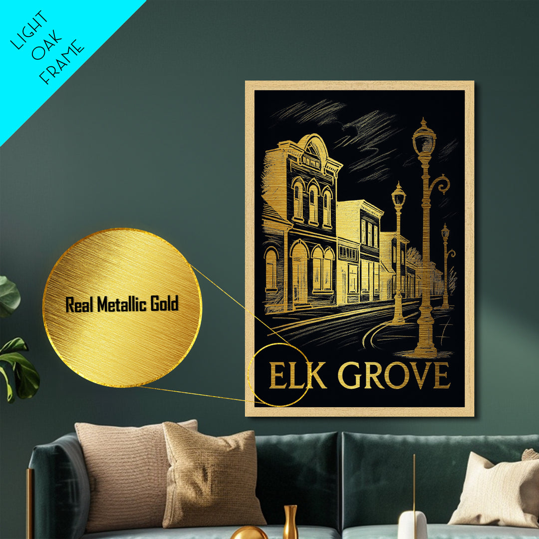 Elk Grove California art, Metallic Gold Art, Housewarming Gift, Metal Art, Wood Framed Art, Newlywed Travel Gift, Honeymoon Gift