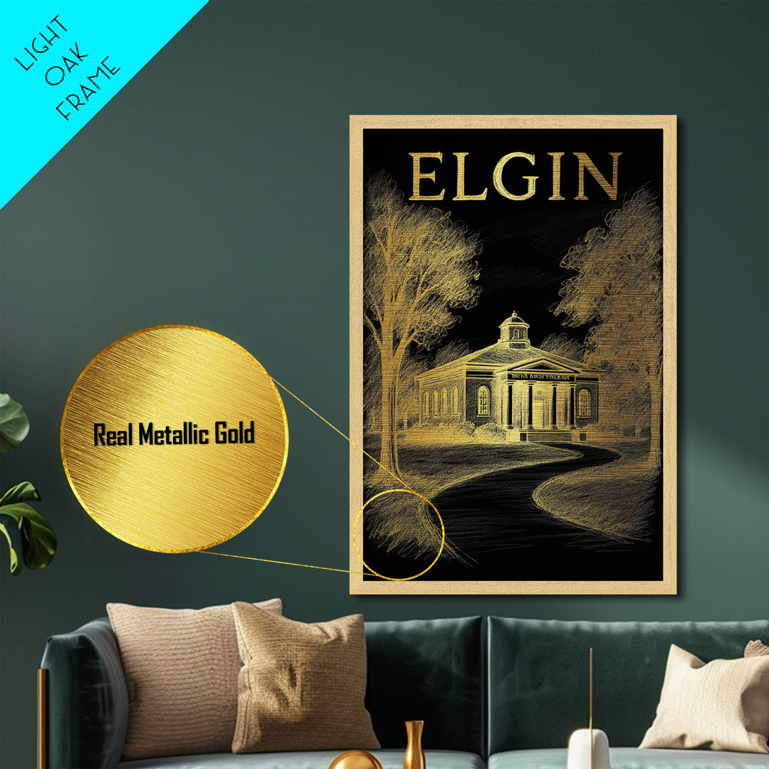 Elgin Illinois travel, Metallic Gold Print, Modern House Art, Metal Art, Wood Framed Art, Traveler Gift, Destination Gift