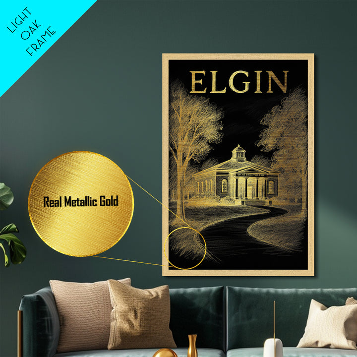 Elgin Illinois travel, Metallic Gold Print, Modern House Art, Metal Art, Wood Framed Art, Traveler Gift, Destination Gift