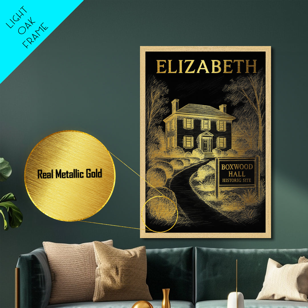 Elizabeth New Jersey travel, Metallic Gold Print, College Dorm Décor, Metal Art, Wood Framed Art, Graduation Travel Gift, Traveler Gift