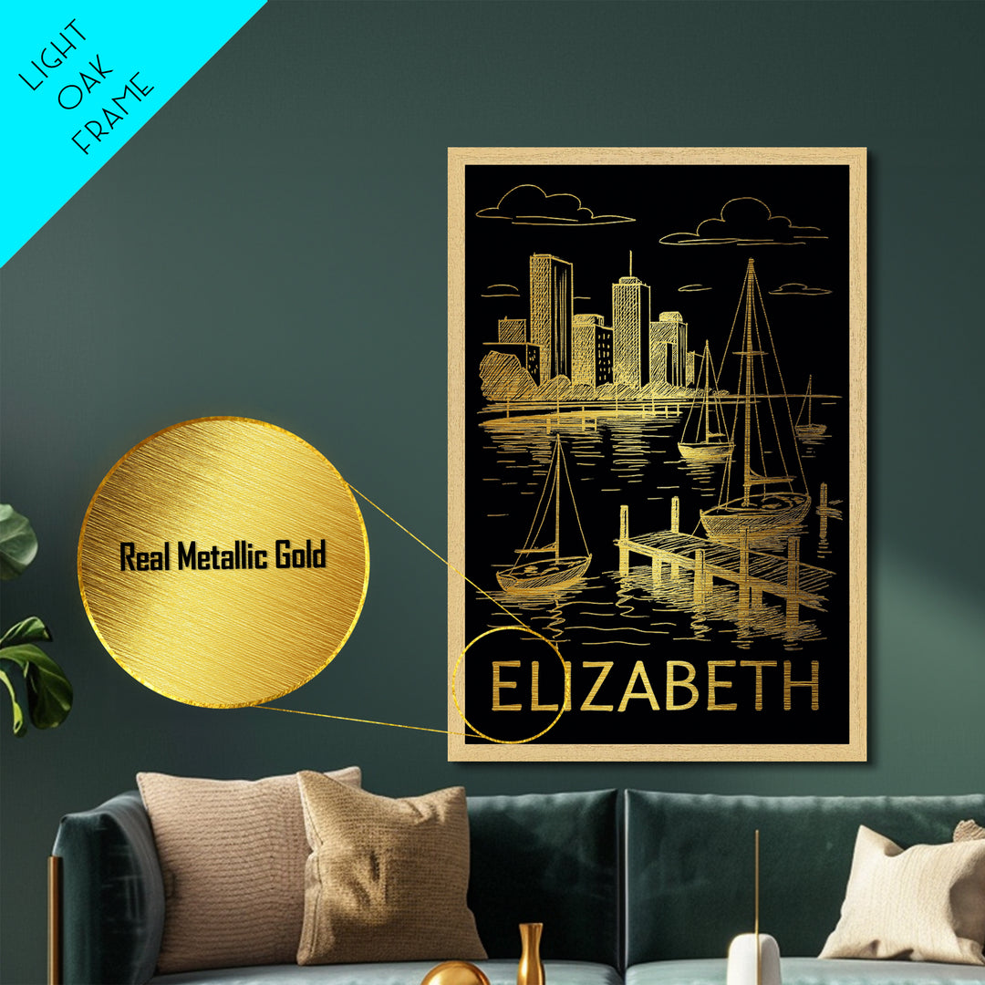 Elizabeth New Jersey art, Metallic Gold Art, Best Friend Gifts, Metal Art, Wood Framed Art, Birthday Travel Gift, Destination Gift