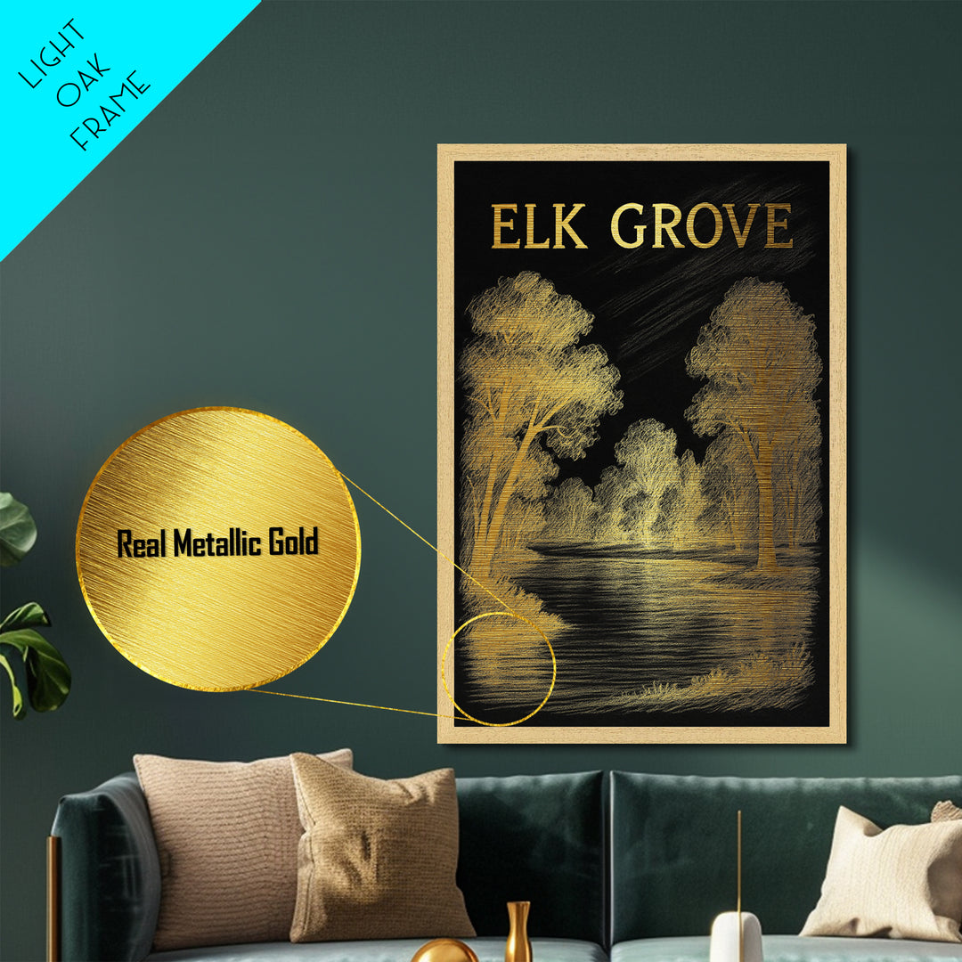 Elk Grove California travel, Metallic Gold Print, Modern Skyline Wall Print, Metal Art, Wood Framed Art, Adventure Lover Gift, Travel Gift