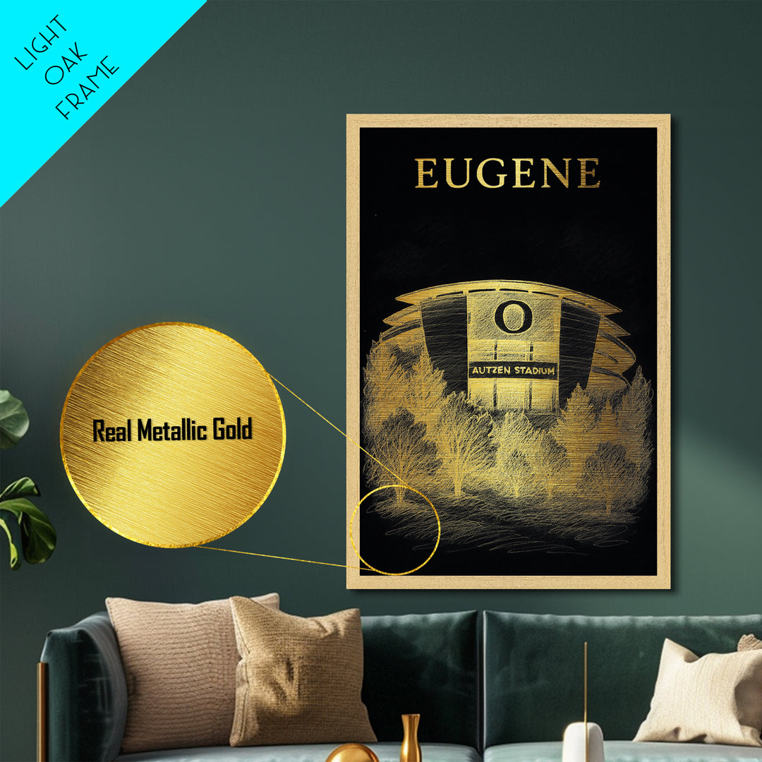 Eugene Oregon travel, Metallic Gold Print, College Dorm Décor, Metal Art, Wood Framed Art, Graduation Travel Gift, Traveler Gift
