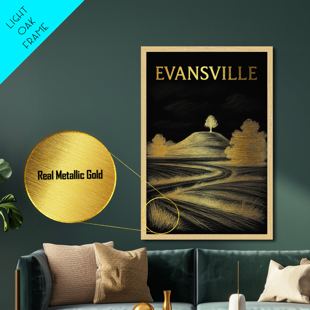 Evansville Indiana travel, Metallic Gold Print, Modern Skyline Wall Print, Metal Art, Wood Framed Art, Adventure Lover Gift, Travel Gift