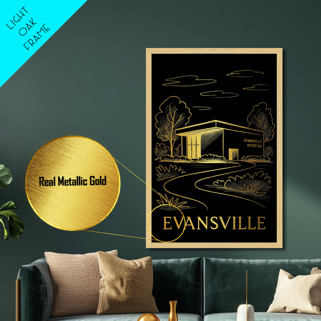Evansville Indiana art, Metallic Gold Art, Housewarming Gift, Metal Art, Wood Framed Art, Newlywed Travel Gift, Honeymoon Gift