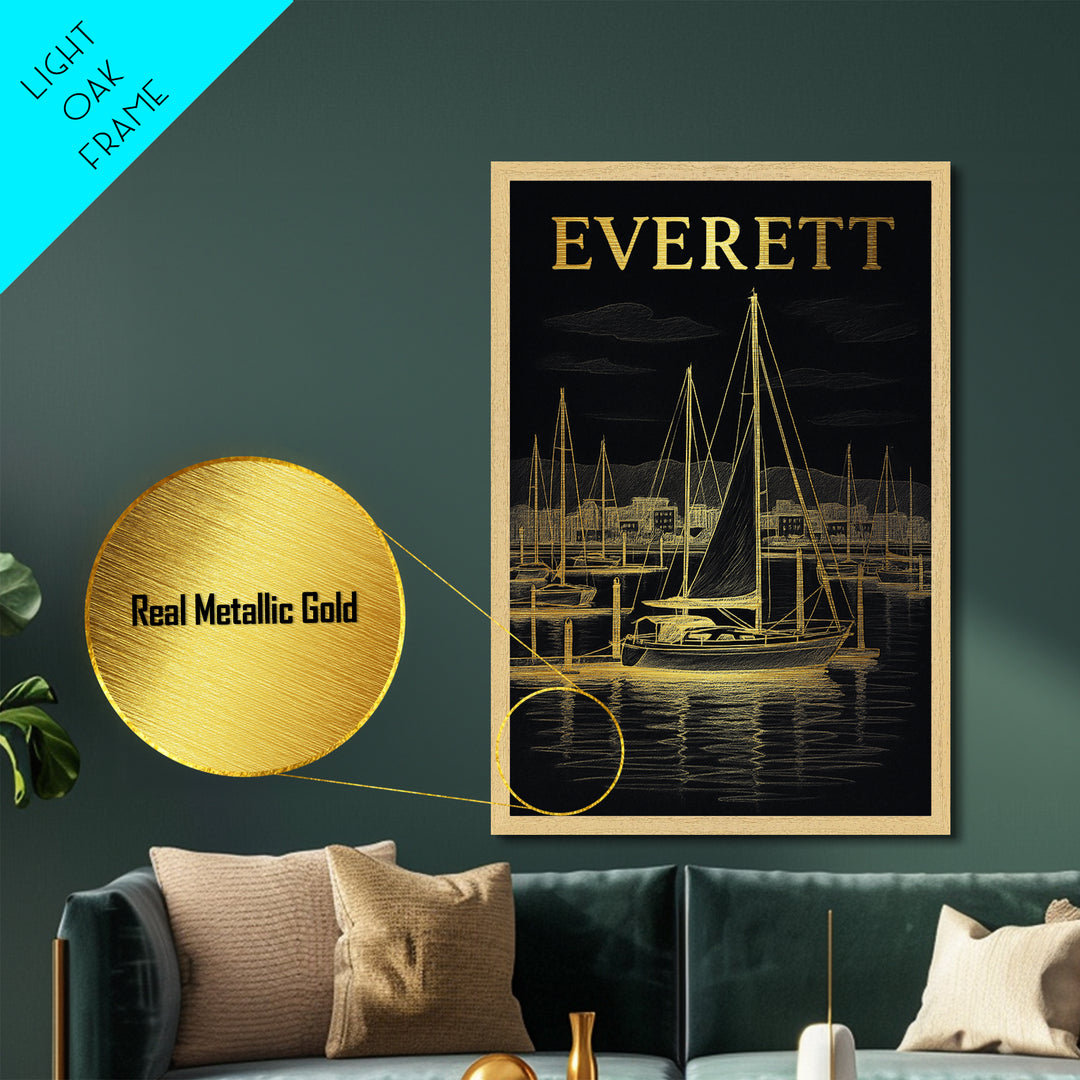 Everett Washington travel, Metallic Gold Print, Closing Gift, Metal Art, Wood Framed Art, Anniversary Travel Gift, Retirement Travel Gift