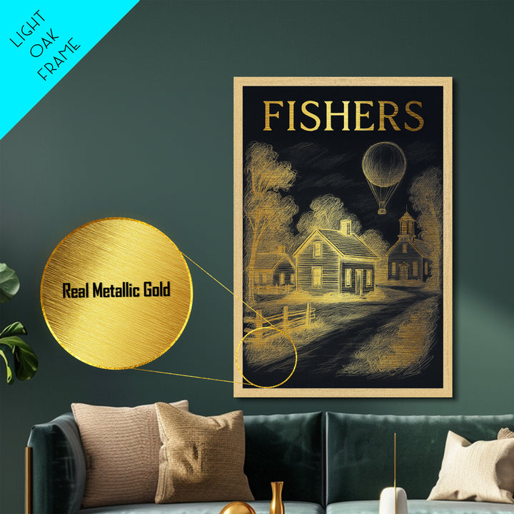 Fishers Indiana travel, Metallic Gold Print, Closing Gift, Metal Art, Wood Framed Art, Anniversary Travel Gift, Retirement Travel Gift