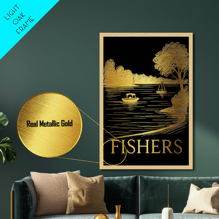 Fishers Indiana art, Metallic Gold Art, Office Decor, Metal Art, Wood Framed Art, Graduation Travel Gift, Destination Gift