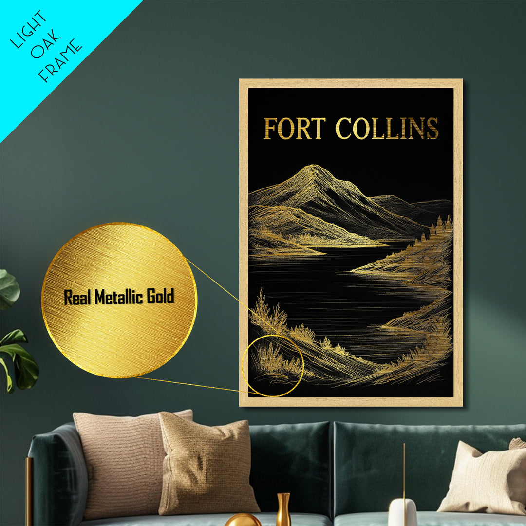 Fort Collins Colorado travel, Metallic Gold Print, Modern House Art, Metal Art, Wood Framed Art, Traveler Gift, Destination Gift