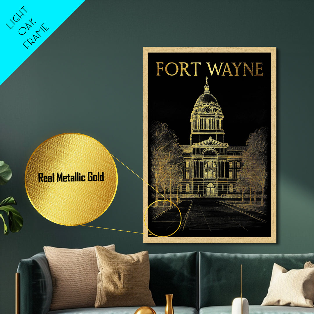 Fort Wayne Indiana travel, Metallic Gold Print, Modern Skyline Wall Print, Metal Art, Wood Framed Art, Adventure Lover Gift