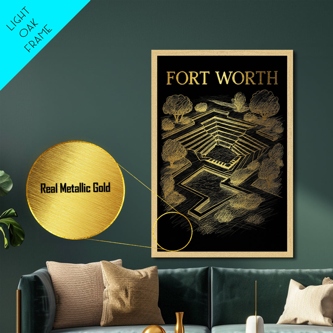 Fort Worth Texas travel, Metallic Gold Print, Closing Gift, Metal Art, Wood Framed Art, Anniversary Travel Gift