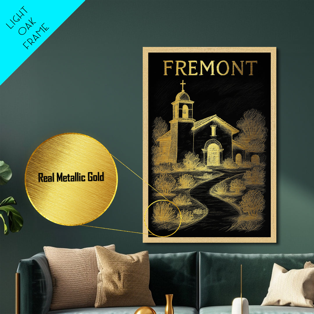 Fremont California travel, Metallic Gold Print, Modern House Art, Metal Art, Wood Framed Art, Wanderlust Gift