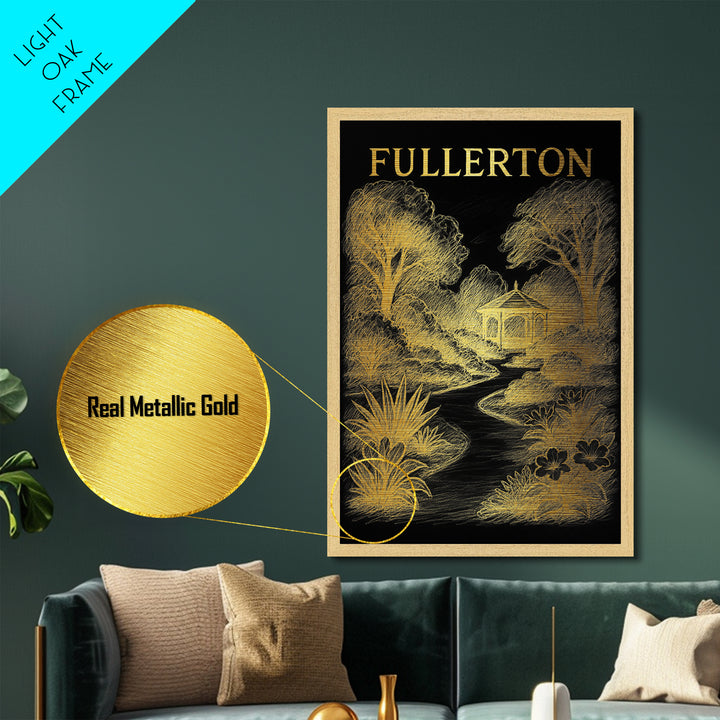 Fullerton California travel, Metallic Gold Print, Modern Skyline Wall Print, Metal Art, Wood Framed Art, Adventure Lover Gift