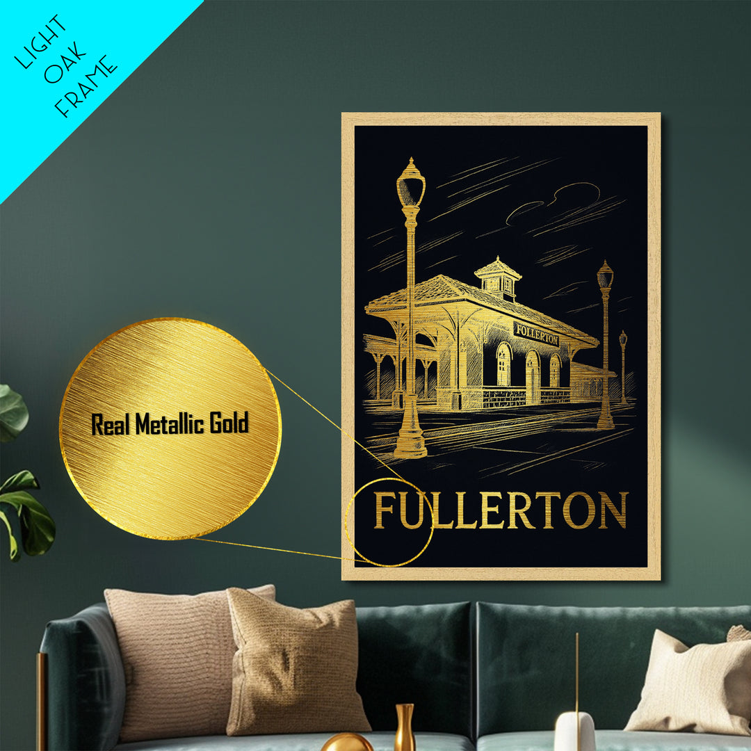 Fullerton California art, Metallic Gold Art, Housewarming Gift, Metal Art, Wood Framed Art, Newlywed Travel Gift