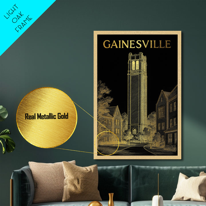 Gainesville Florida travel, Metallic Gold Print, Closing Gift, Metal Art, Wood Framed Art, Anniversary Travel Gift