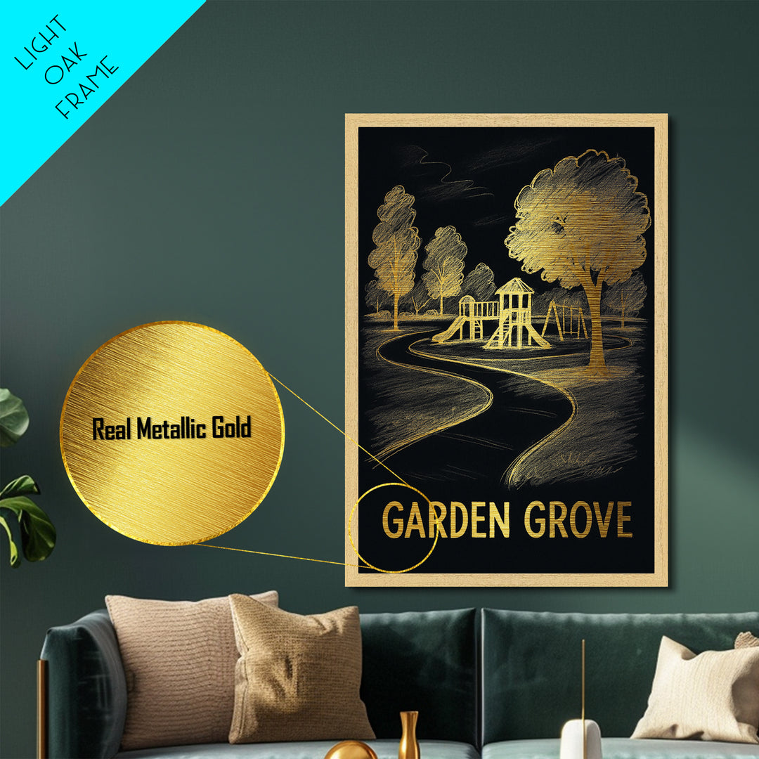 Garden Grove California art, Metallic Gold Art, Travel Art Prints, Metal Art, Wood Framed Art, Adventure Lover Gift