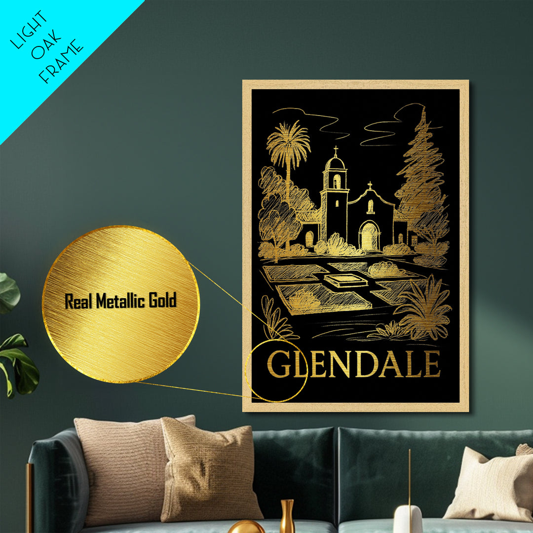 Glendale California travel, Metallic Gold Print, Closing Gift, Metal Art, Wood Framed Art, Anniversary Travel Gift