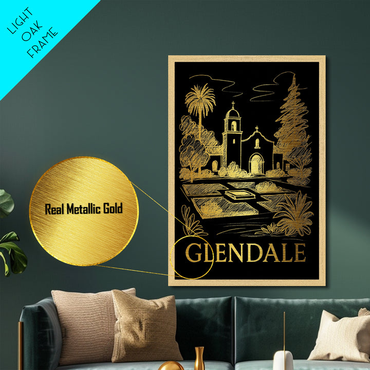 Glendale California travel, Metallic Gold Print, Closing Gift, Metal Art, Wood Framed Art, Anniversary Travel Gift