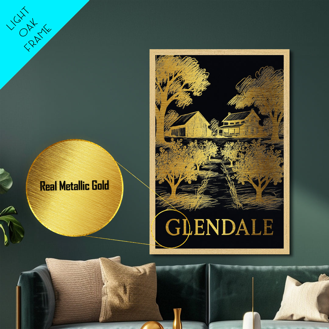 Glendale California art, Metallic Gold Art, Office Decor, Metal Art, Wood Framed Art, Graduation Travel Gift