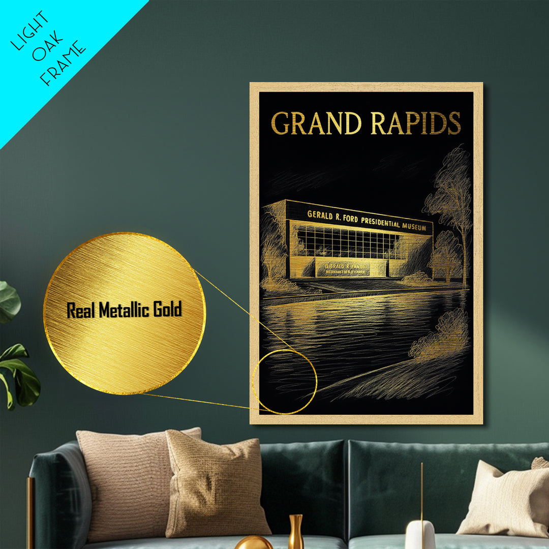 Grand Rapids Michigan travel, Metallic Gold Print, Closing Gift, Metal Art, Wood Framed Art, Anniversary Travel Gift