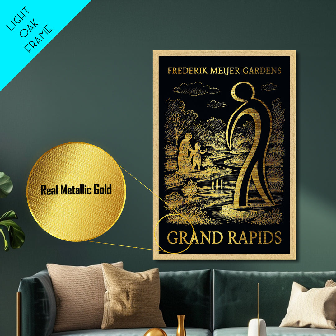 Grand Rapids Michigan art, Metallic Gold Art, Office Decor, Metal Art, Wood Framed Art, Graduation Travel Gift