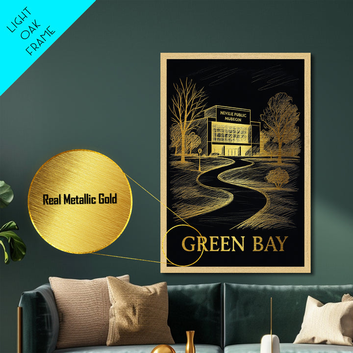 Green Bay Wisconsin art, Metallic Gold Art, Modern House Art, Metal Art, Wood Framed Art, Graduation Travel Gift