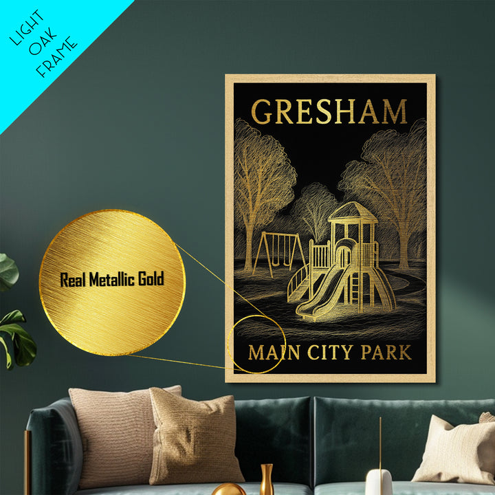 Gresham Oregon travel, Metallic Gold Print, Modern Skyline Wall Print, Metal Art, Wood Framed Art, Adventure Lover Gift, Travel Gift