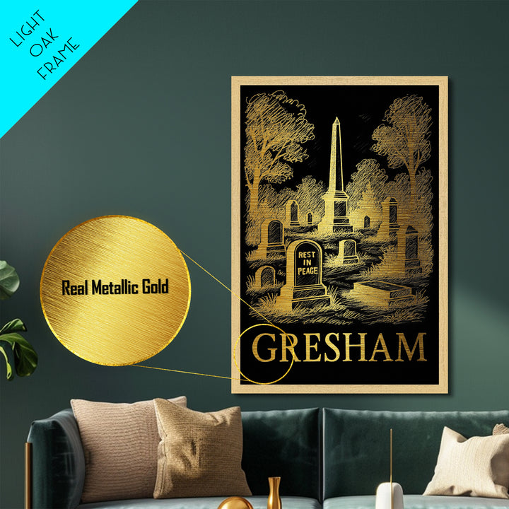 Gresham Oregon art, Metallic Gold Art, Housewarming Gift, Metal Art, Wood Framed Art, Newlywed Travel Gift, Honeymoon Gift