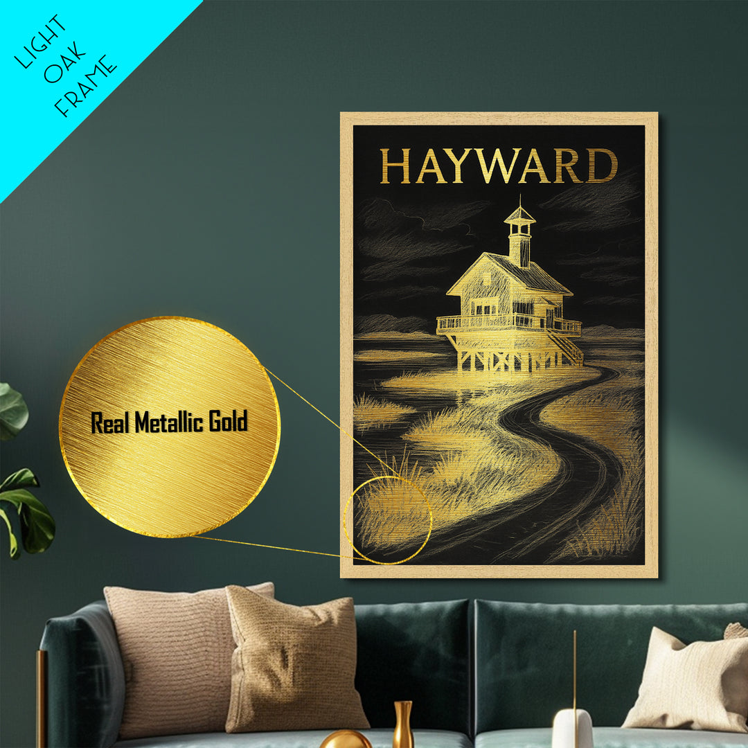 Hayward California travel, Metallic Gold Print, Modern House Art, Metal Art, Wood Framed Art, Traveler Gift, Destination Gift