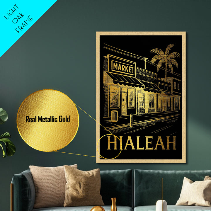 Hialeah Florida art, Metallic Gold Art, Office Decor, Metal Art, Wood Framed Art, Graduation Travel Gift, Destination Gift