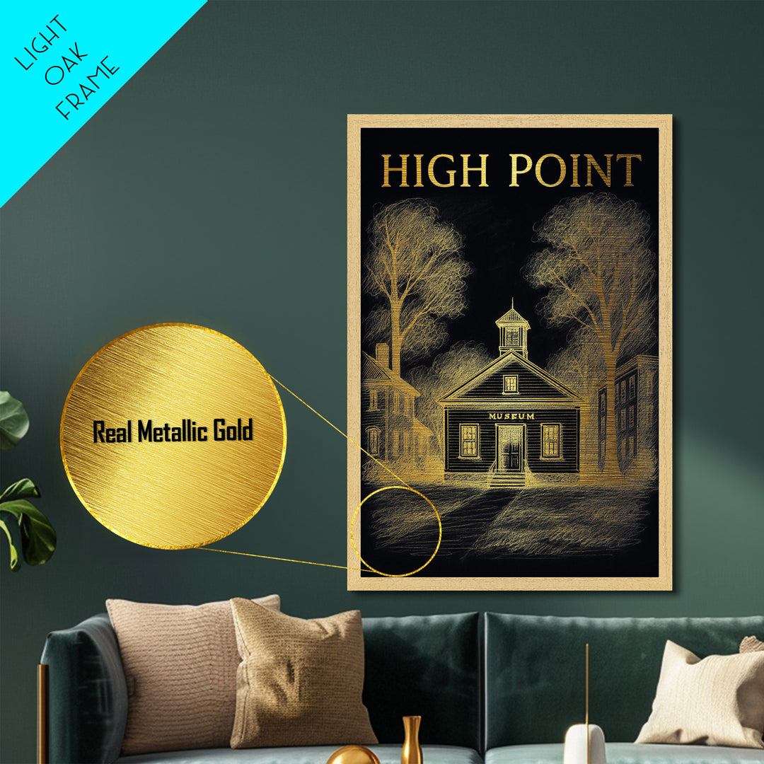 High Point North Carolina travel, Metallic Gold Print, Modern House Art, Metal Art, Wood Framed Art, Wanderlust Gift, Travel Art Prints