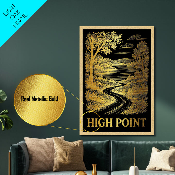 High Point North Carolina art, Metallic Gold Art, Travel Art Prints, Metal Art, Wood Framed Art, Adventure Lover Gift, Traveler Gift