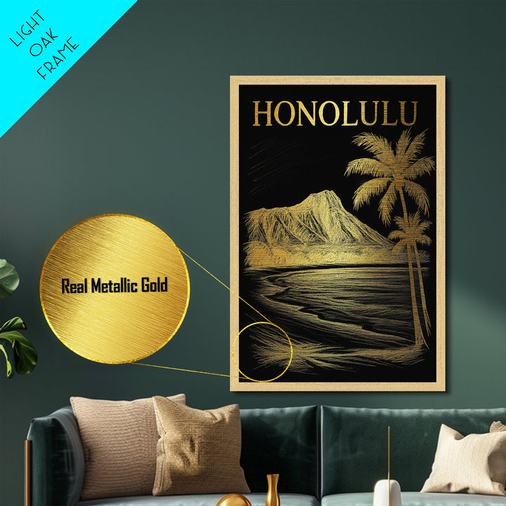 Honolulu Hawaii travel, Metallic Gold Print, Modern Skyline Wall Print, Metal Art, Wood Framed Art, Adventure Lover Gift, Travel Gift