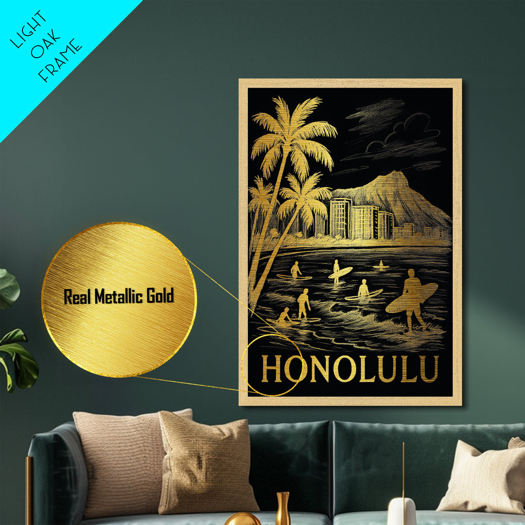 Honolulu Hawaii art, Metallic Gold Art, Housewarming Gift, Metal Art, Wood Framed Art, Newlywed Travel Gift, Honeymoon Gift