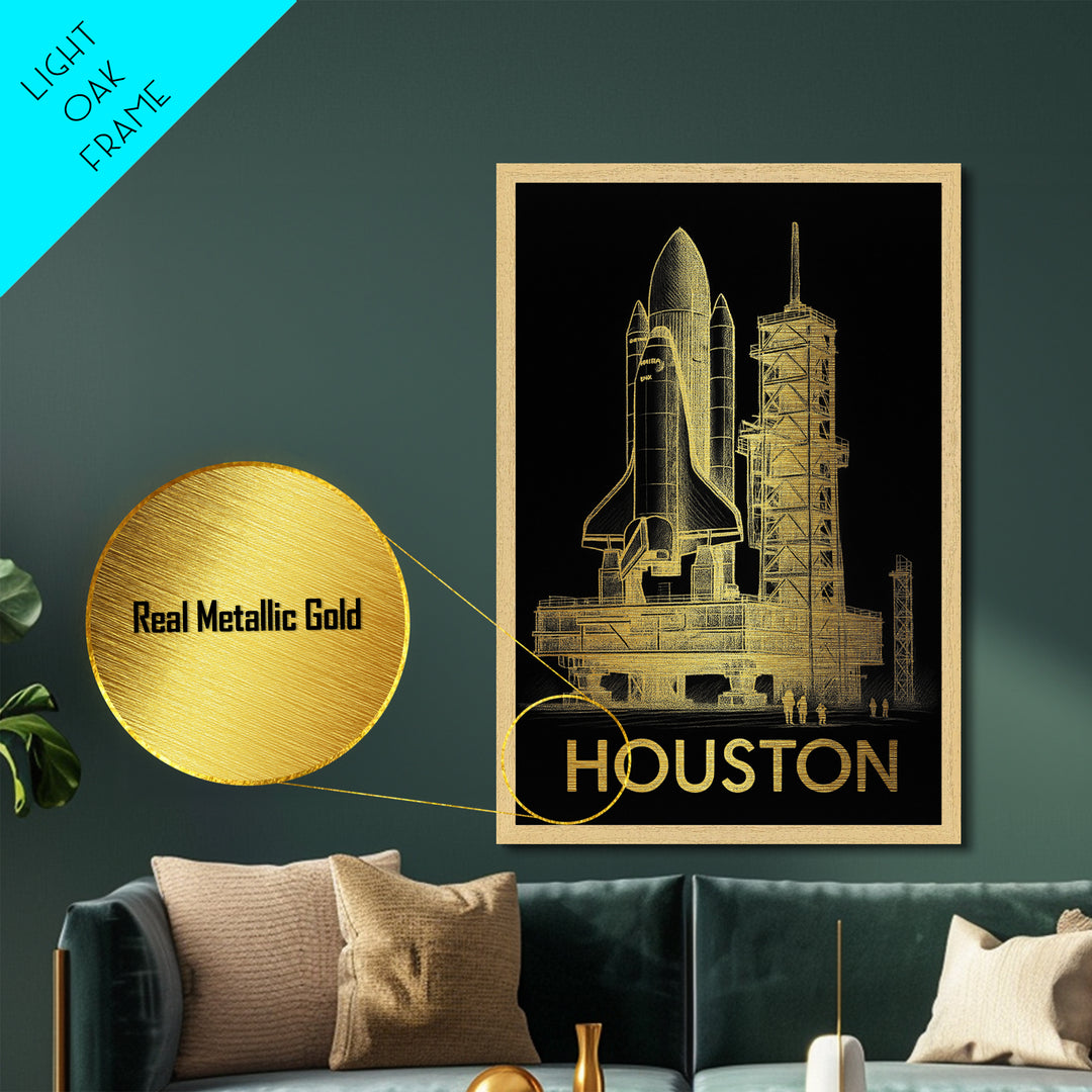 Houston Texas travel, Metallic Gold Print, Closing Gift, Metal Art, Wood Framed Art, Anniversary Travel Gift, Retirement Travel Gift