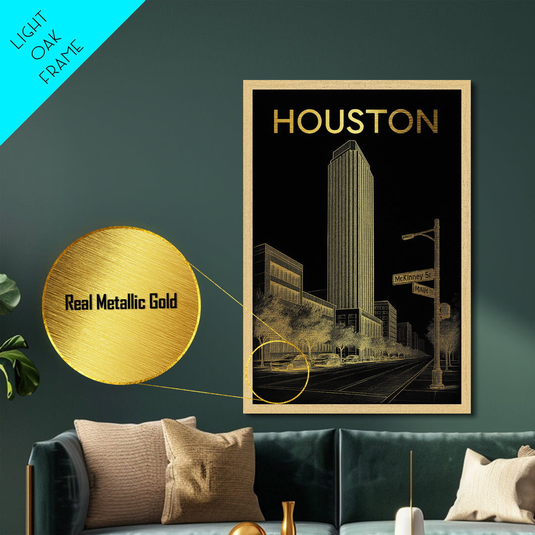Houston Texas art, Metallic Gold Art, Office Decor, Metal Art, Wood Framed Art, Graduation Travel Gift, Destination Gift