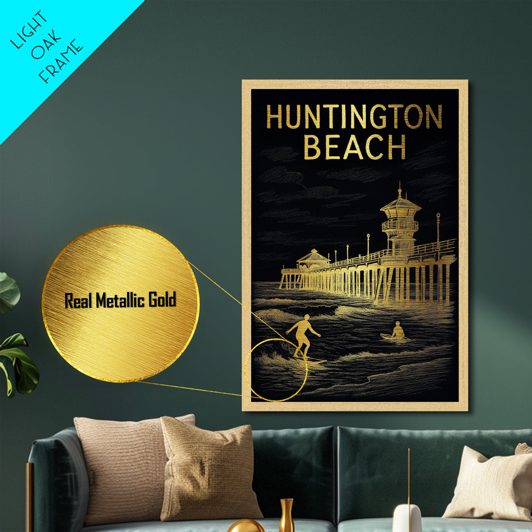 Huntington Beach California travel, Metallic Gold Print, Modern House Art, Metal Art, Wood Framed Art, Wanderlust Gift, Travel Art Prints