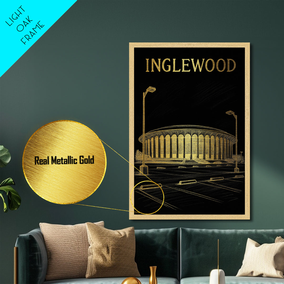 Inglewood California travel, Metallic Gold Print, Modern House Art, Metal Art, Wood Framed Art, Traveler Gift, Destination Gift