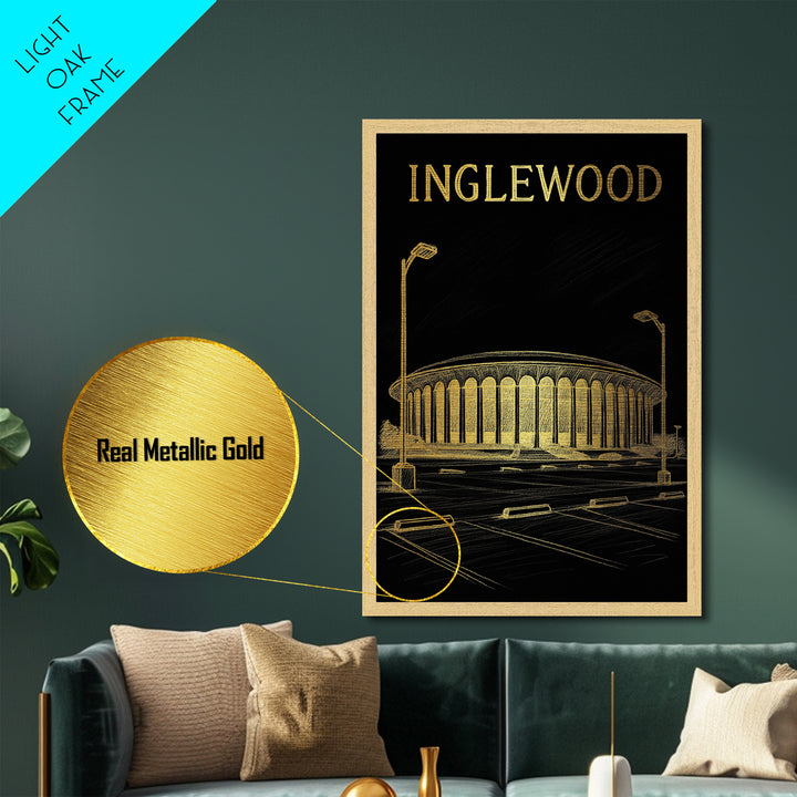 Inglewood California travel, Metallic Gold Print, Modern House Art, Metal Art, Wood Framed Art, Traveler Gift, Destination Gift