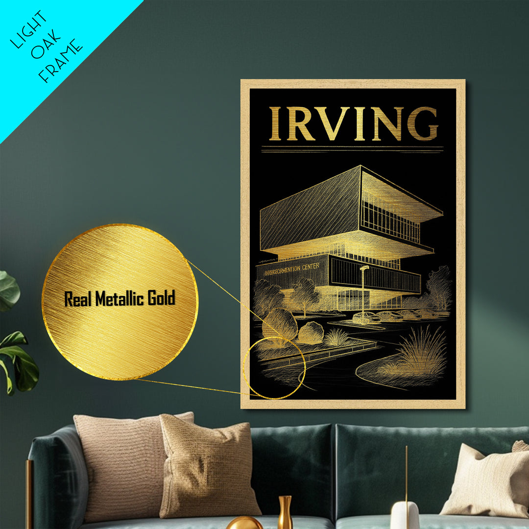 Irving Texas travel, Metallic Gold Print, Modern Skyline Wall Print, Metal Art, Wood Framed Art, Adventure Lover Gift, Travel Gift