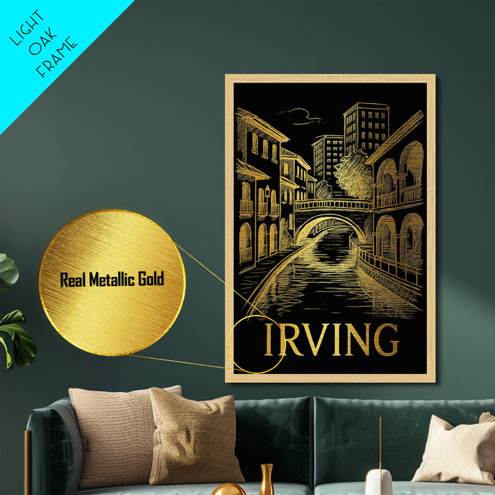 Irving Texas art, Metallic Gold Art, Housewarming Gift, Metal Art, Wood Framed Art, Newlywed Travel Gift, Honeymoon Gift