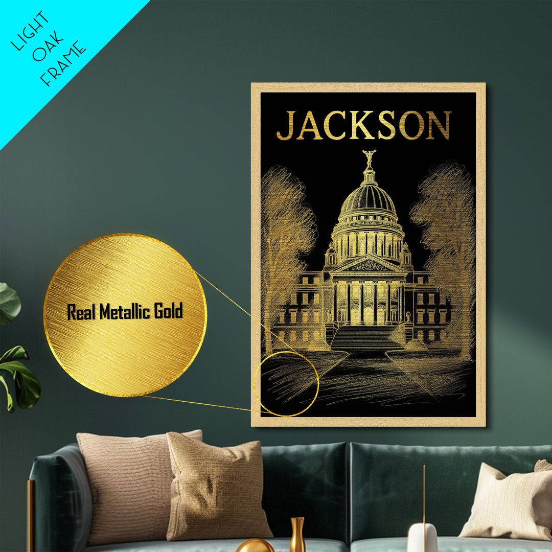 Jackson Mississippi travel, Metallic Gold Print, Closing Gift, Metal Art, Wood Framed Art, Anniversary Travel Gift, Retirement Travel Gift