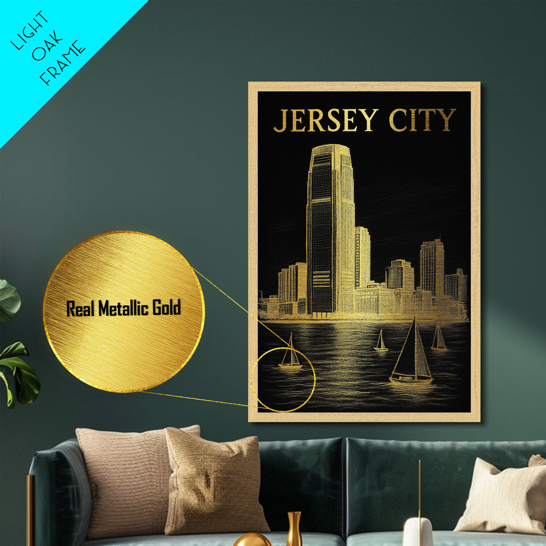 Jersey City New Jersey travel, Metallic Gold Print, Modern House Art, Metal Art, Wood Framed Art, Traveler Gift, Destination Gift