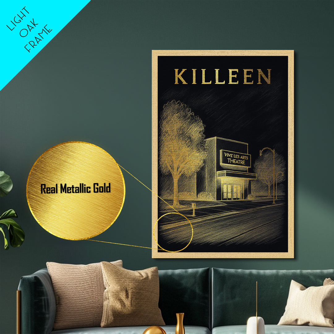 Killeen Texas travel, Metallic Gold Print, College Dorm Décor, Metal Art, Wood Framed Art, Graduation Travel Gift, Traveler Gift
