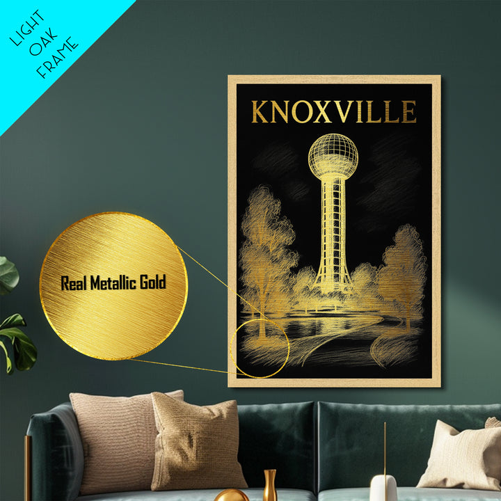 Knoxville Tennessee travel, Metallic Gold Print, Modern Skyline Wall Print, Metal Art, Wood Framed Art, Adventure Lover Gift, Travel Gift