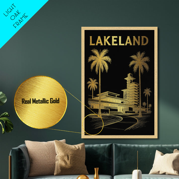 Lakeland Florida travel, Metallic Gold Print, Modern House Art, Metal Art, Wood Framed Art, Wanderlust Gift, Travel Art Prints