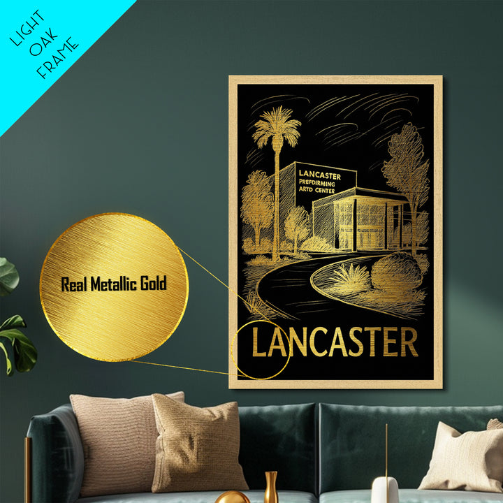Lancaster California art, Metallic Gold Art, Housewarming Gift, Metal Art, Wood Framed Art, Newlywed Travel Gift, Honeymoon Gift